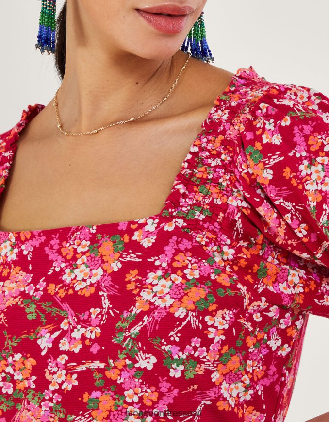 הַלבָּשָׁה Monsoon חלק עליון עם הדפס פרחוני בתערובת פשתן אָדוֹם נשים HTJ0TZ528