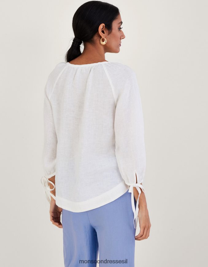 הַלבָּשָׁה Monsoon כפתור שרוול לקשור דרך חולצת פשתן לבן נשים HTJ0TZ535