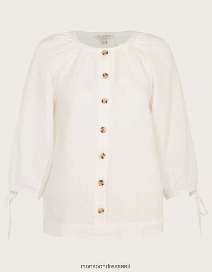 הַלבָּשָׁה Monsoon כפתור שרוול לקשור דרך חולצת פשתן לבן נשים HTJ0TZ535