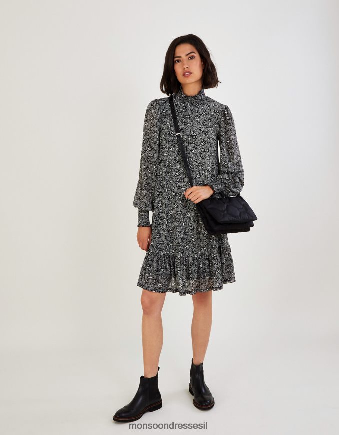 הַלבָּשָׁה Monsoon שמלת פייזלי ג'רסי עם צווארון גבוה שָׁחוֹר נשים HTJ0TZ538