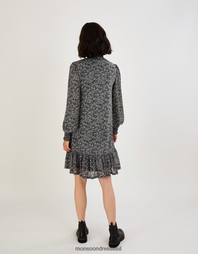 הַלבָּשָׁה Monsoon שמלת פייזלי ג'רסי עם צווארון גבוה שָׁחוֹר נשים HTJ0TZ538