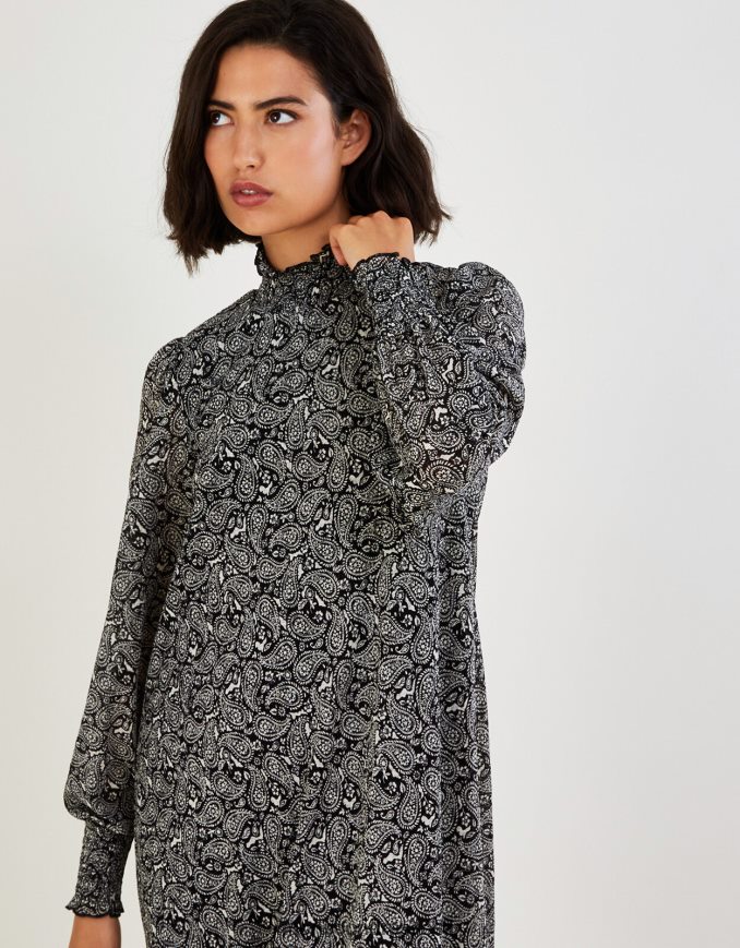 הַלבָּשָׁה Monsoon שמלת פייזלי ג'רסי עם צווארון גבוה שָׁחוֹר נשים HTJ0TZ538