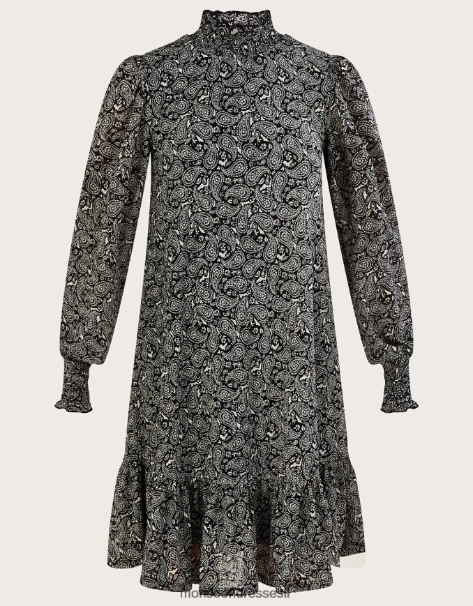 הַלבָּשָׁה Monsoon שמלת פייזלי ג'רסי עם צווארון גבוה שָׁחוֹר נשים HTJ0TZ538