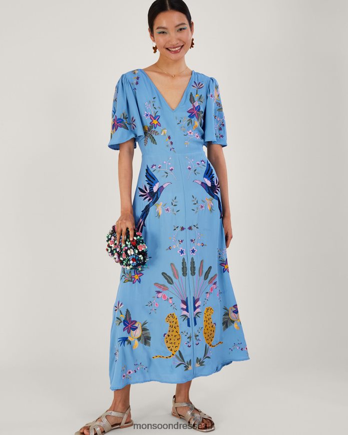 הַלבָּשָׁה Monsoon שמלת תה רקומה אודרה בפוליאסטר ממוחזר כְּחוֹל נשים HTJ0TZ540