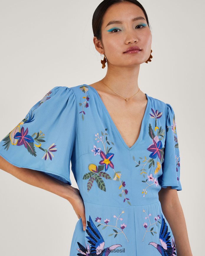 הַלבָּשָׁה Monsoon שמלת תה רקומה אודרה בפוליאסטר ממוחזר כְּחוֹל נשים HTJ0TZ540