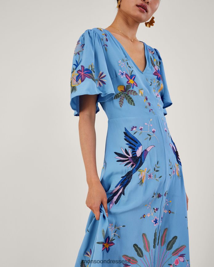 הַלבָּשָׁה Monsoon שמלת תה רקומה אודרה בפוליאסטר ממוחזר כְּחוֹל נשים HTJ0TZ540