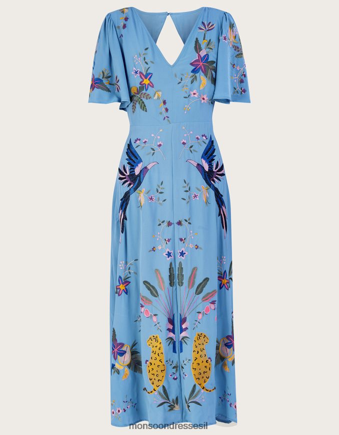 הַלבָּשָׁה Monsoon שמלת תה רקומה אודרה בפוליאסטר ממוחזר כְּחוֹל נשים HTJ0TZ540