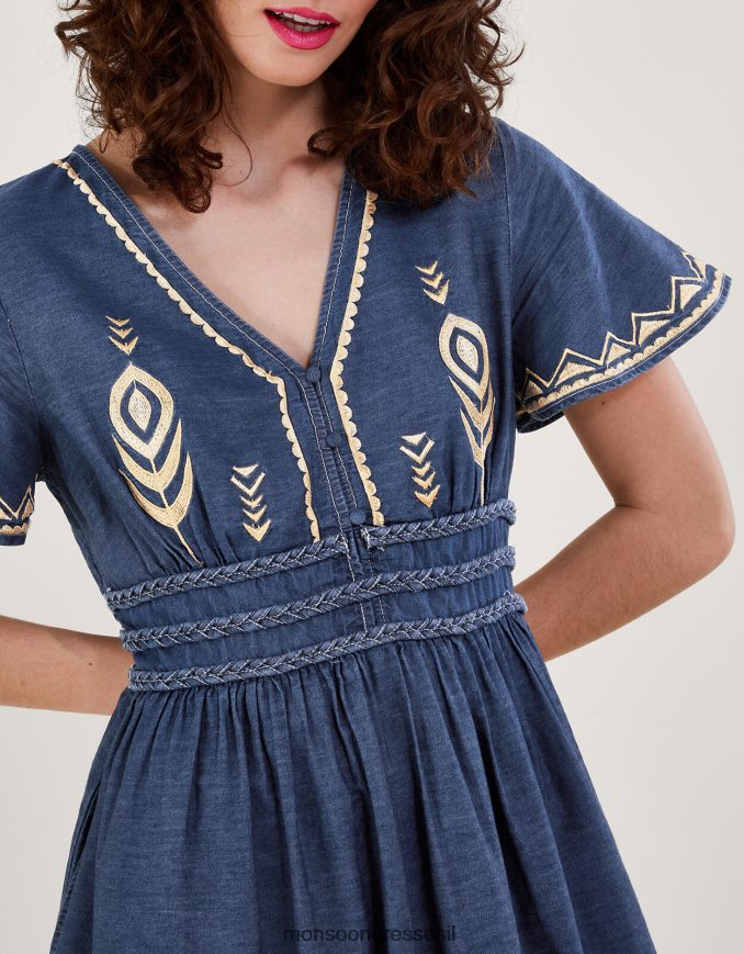 הַלבָּשָׁה Monsoon שמלת נוצות טווס כחול (כחול ג'ינס) נשים HTJ0TZ541