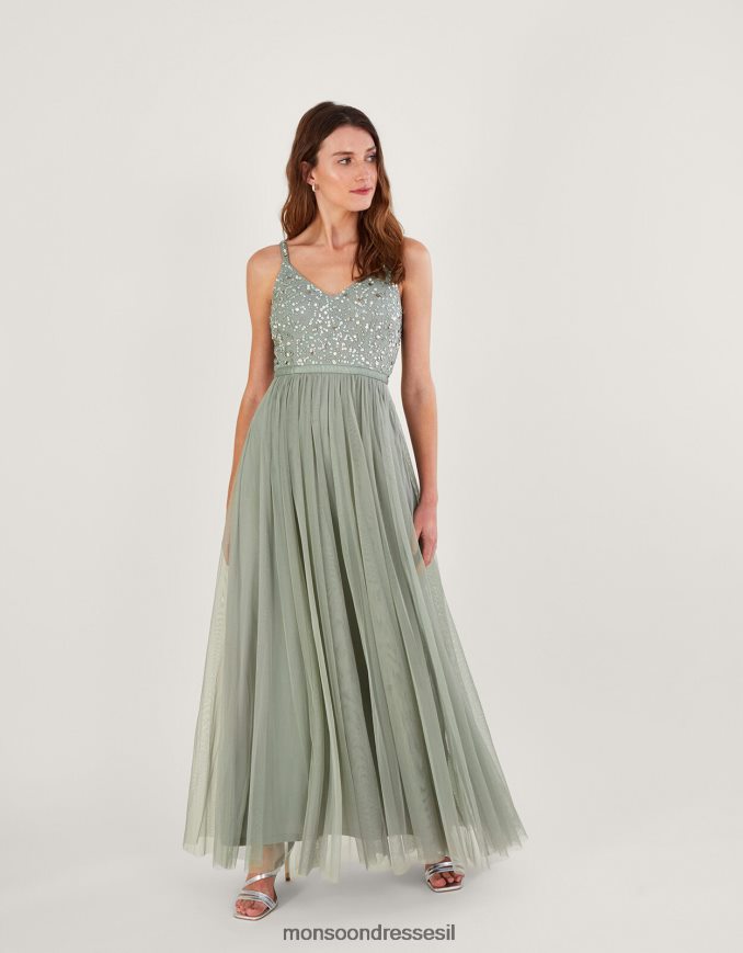 הַלבָּשָׁה Monsoon שמלת מקסי מעוטרת בסתיו בפוליאסטר ממוחזר ירוק נשים HTJ0TZ542