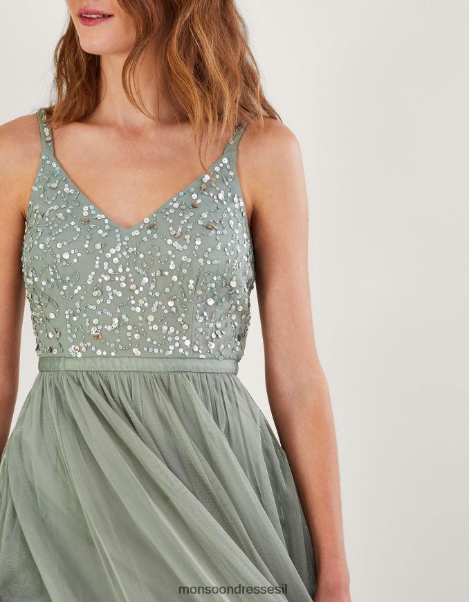 הַלבָּשָׁה Monsoon שמלת מקסי מעוטרת בסתיו בפוליאסטר ממוחזר ירוק נשים HTJ0TZ542