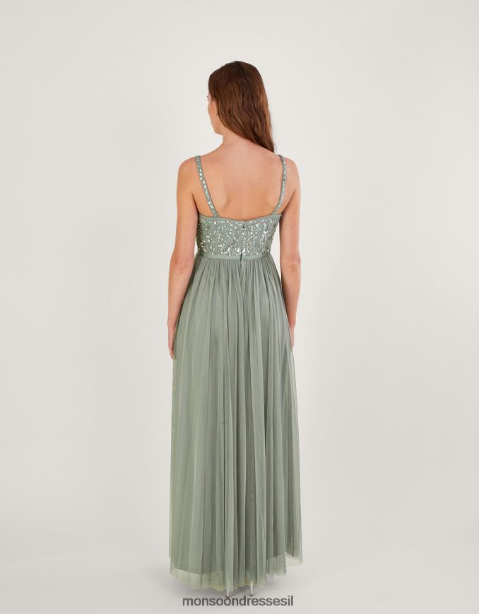 הַלבָּשָׁה Monsoon שמלת מקסי מעוטרת בסתיו בפוליאסטר ממוחזר ירוק נשים HTJ0TZ542