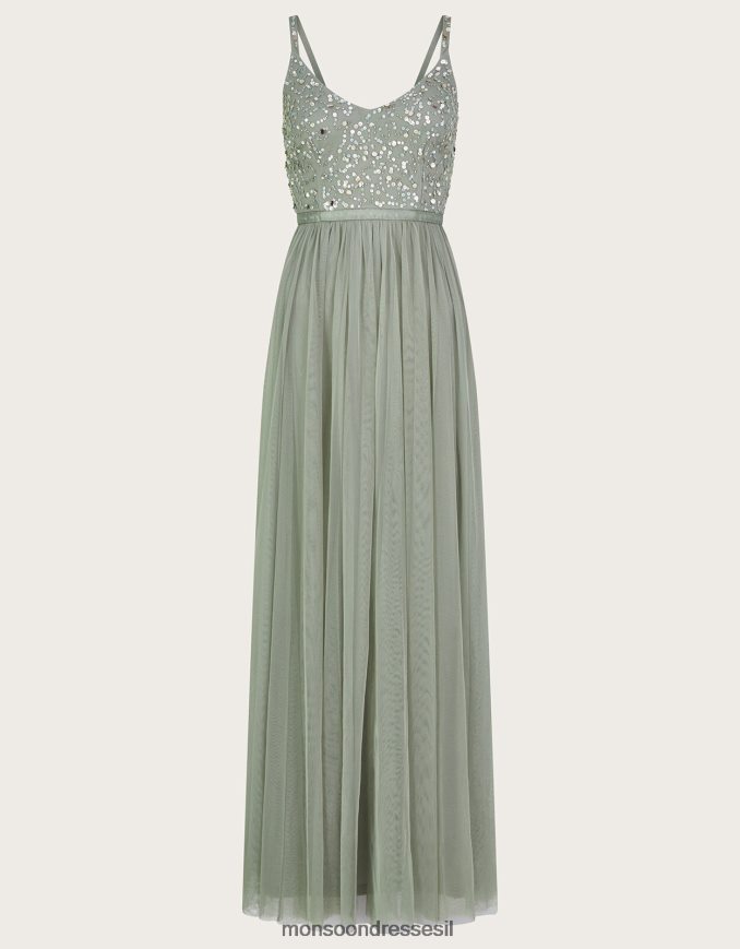 הַלבָּשָׁה Monsoon שמלת מקסי מעוטרת בסתיו בפוליאסטר ממוחזר ירוק נשים HTJ0TZ542