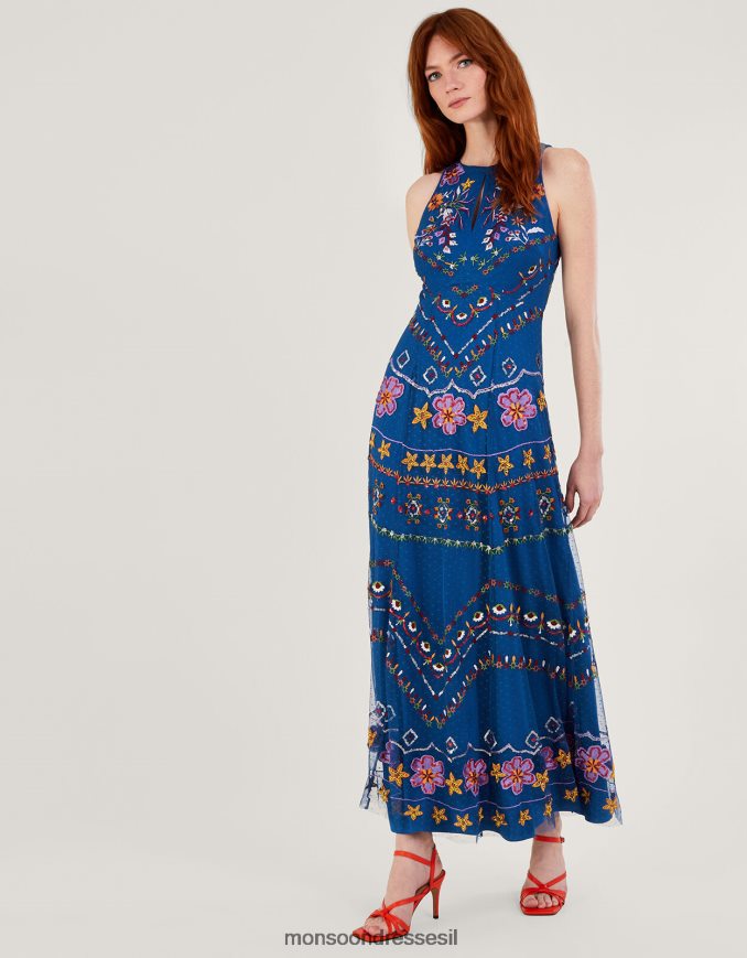 הַלבָּשָׁה Monsoon שמלת מקסי רקומה של תיאודורה בפוליאסטר ממוחזר כְּחוֹל נשים HTJ0TZ543