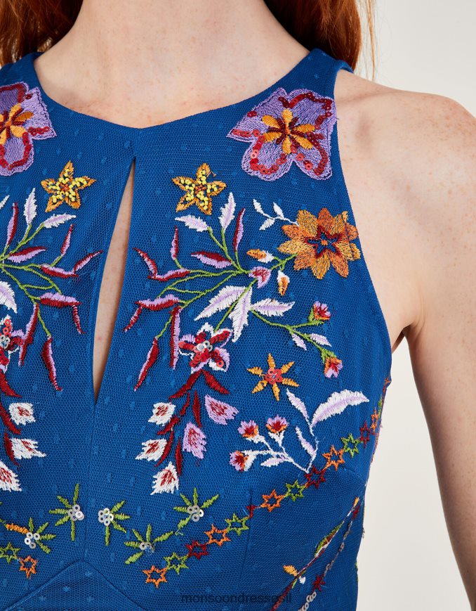 הַלבָּשָׁה Monsoon שמלת מקסי רקומה של תיאודורה בפוליאסטר ממוחזר כְּחוֹל נשים HTJ0TZ543