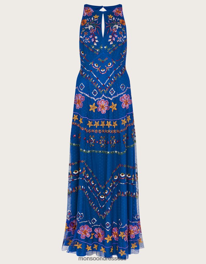 הַלבָּשָׁה Monsoon שמלת מקסי רקומה של תיאודורה בפוליאסטר ממוחזר כְּחוֹל נשים HTJ0TZ543