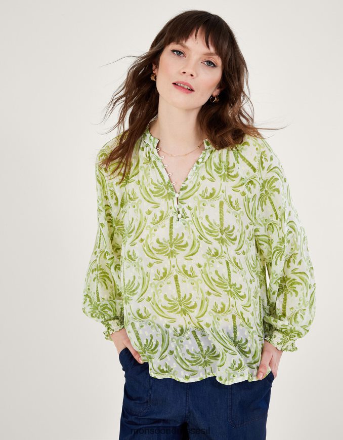 הַלבָּשָׁה Monsoon חולצה בהדפס דקל מתכתי של אוריאנה שֶׁנהָב נשים HTJ0TZ545