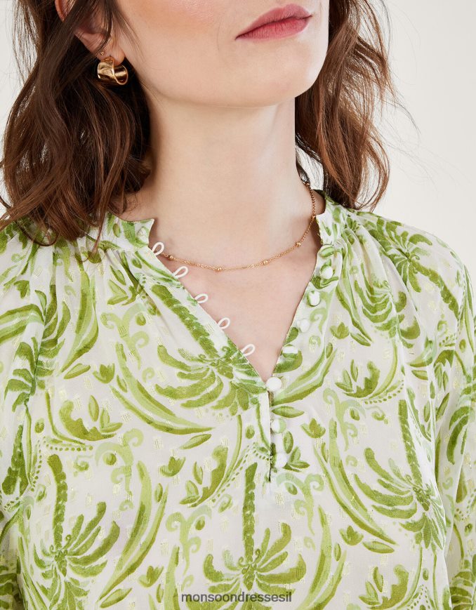 הַלבָּשָׁה Monsoon חולצה בהדפס דקל מתכתי של אוריאנה שֶׁנהָב נשים HTJ0TZ545