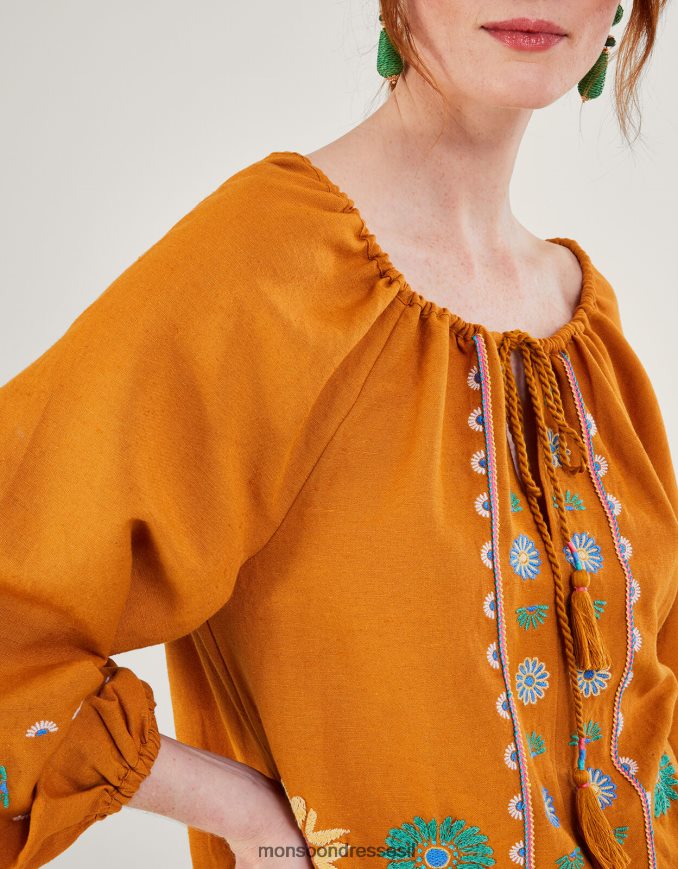 הַלבָּשָׁה Monsoon חולצת טוניקת פרחים רקומה בתערובת פשתן צהוב נשים HTJ0TZ546