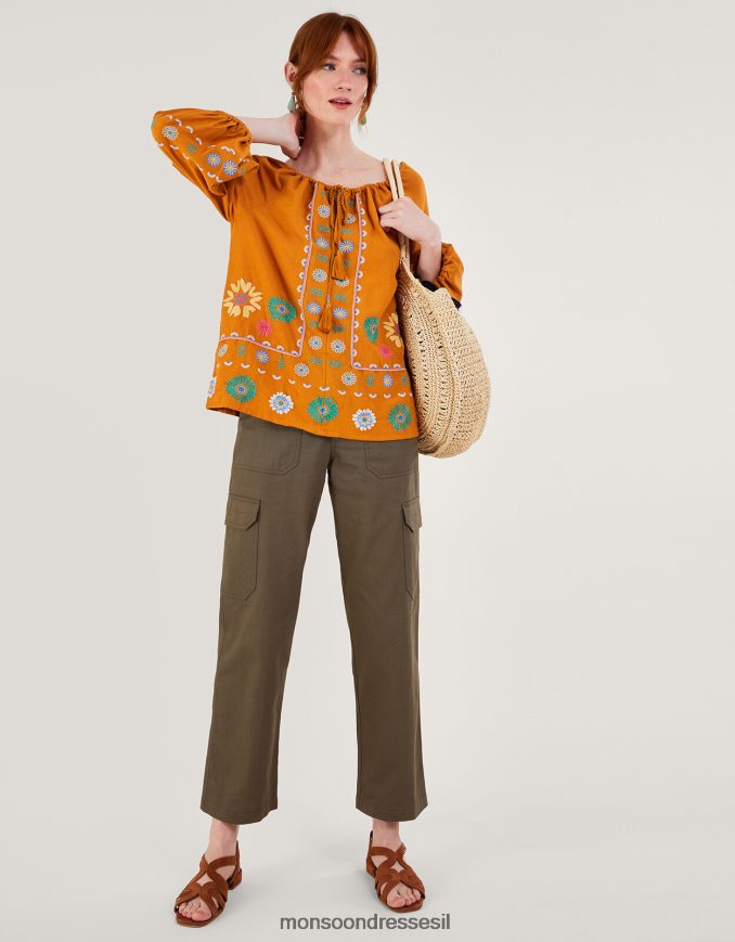 הַלבָּשָׁה Monsoon חולצת טוניקת פרחים רקומה בתערובת פשתן צהוב נשים HTJ0TZ546