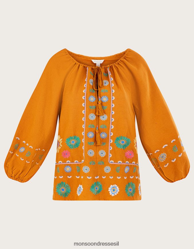 הַלבָּשָׁה Monsoon חולצת טוניקת פרחים רקומה בתערובת פשתן צהוב נשים HTJ0TZ546