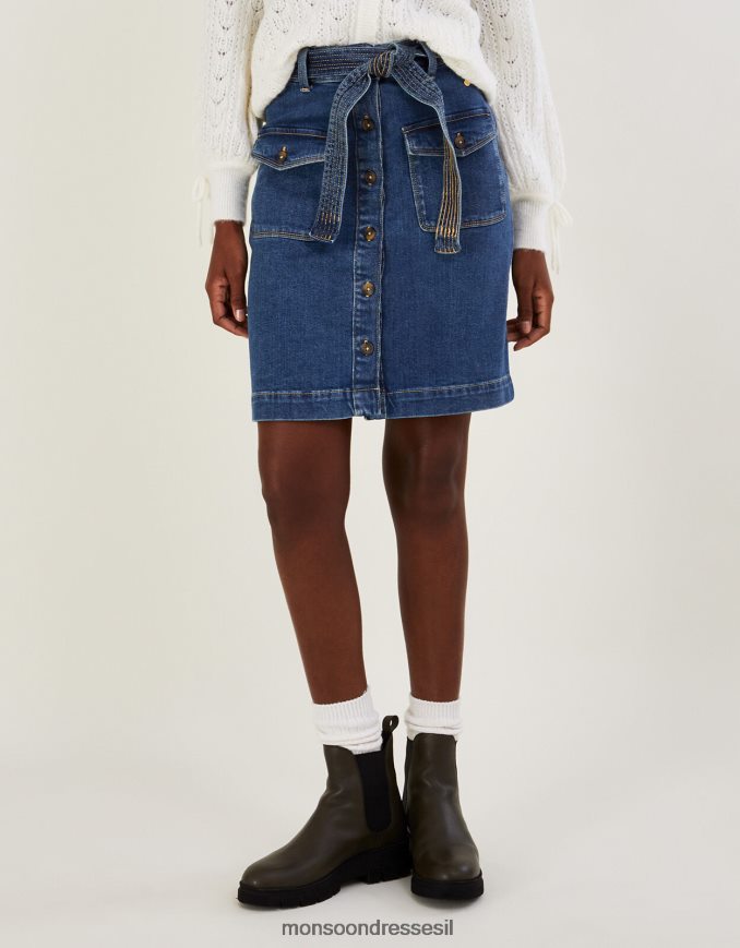 הַלבָּשָׁה Monsoon כפתור ג'ינס דרך חצאית חגורה עם כותנה בת קיימא כחול (אינדיגו) נשים HTJ0TZ553