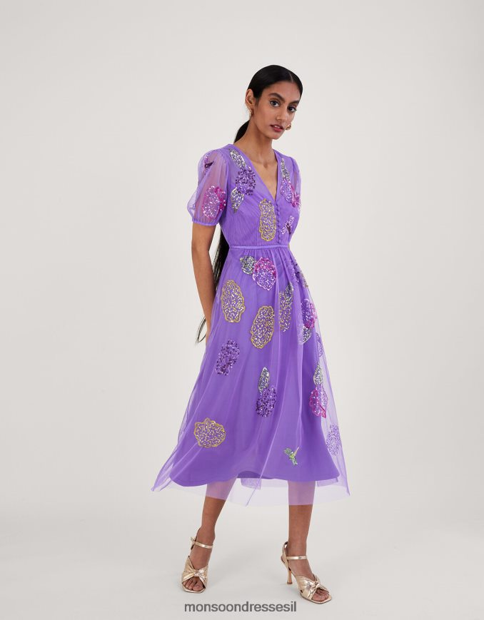 הַלבָּשָׁה Monsoon שמלת תה מעוטרת דיאנה בפוליאסטר ממוחזר סגול (לילך) נשים HTJ0TZ556