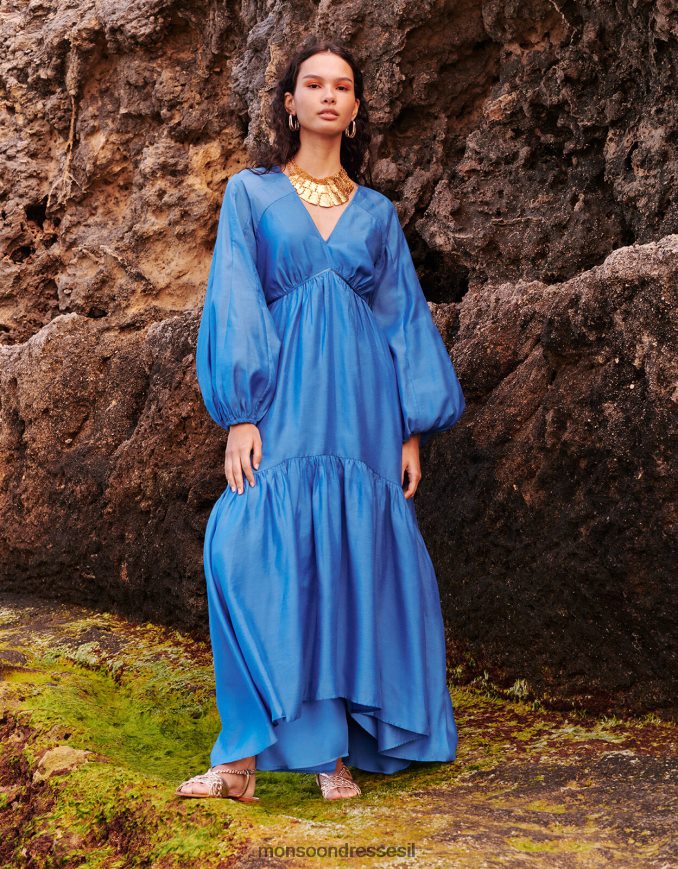 הַלבָּשָׁה Monsoon שמלת מקסי פאלמר מפוליאסטר ממוחזר כְּחוֹל נשים HTJ0TZ564