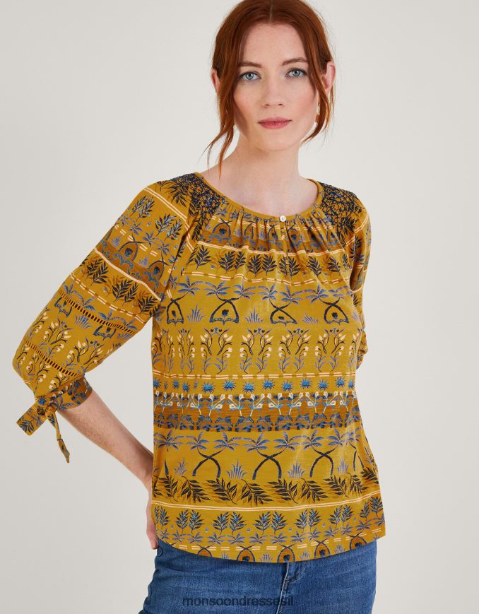 הַלבָּשָׁה Monsoon עליונית ג'רסי חלוק עם הדפס עלים צהוב (אוקרה) נשים HTJ0TZ566