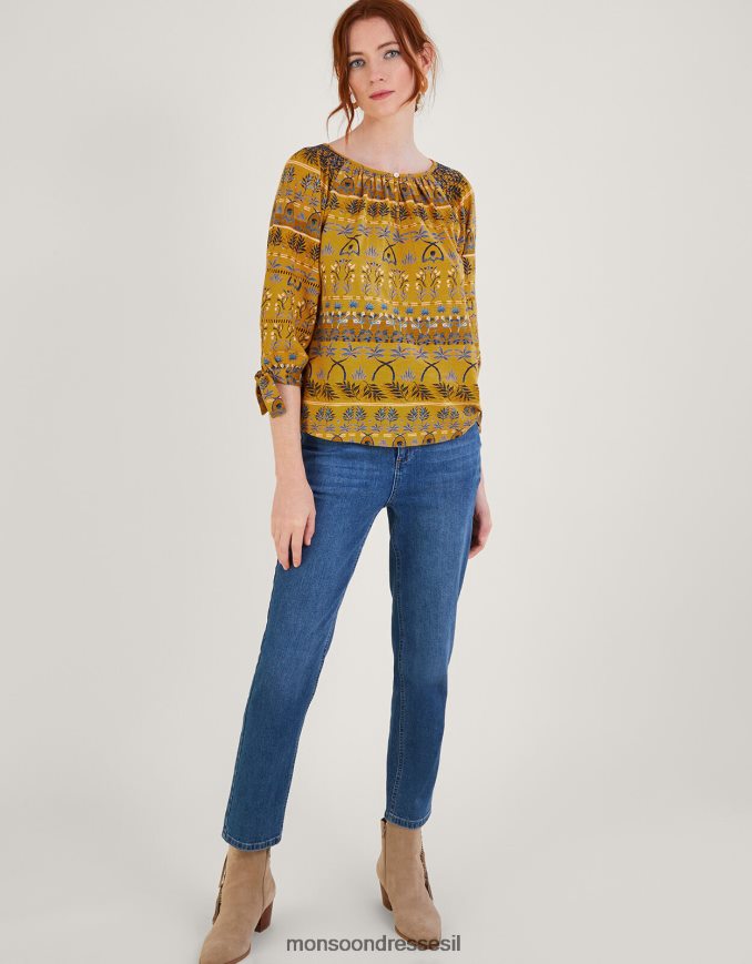 הַלבָּשָׁה Monsoon עליונית ג'רסי חלוק עם הדפס עלים צהוב (אוקרה) נשים HTJ0TZ566