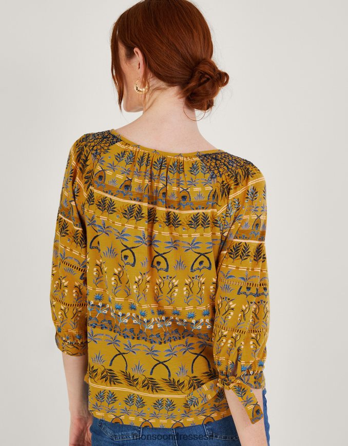 הַלבָּשָׁה Monsoon עליונית ג'רסי חלוק עם הדפס עלים צהוב (אוקרה) נשים HTJ0TZ566