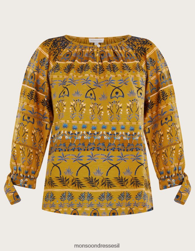 הַלבָּשָׁה Monsoon עליונית ג'רסי חלוק עם הדפס עלים צהוב (אוקרה) נשים HTJ0TZ566