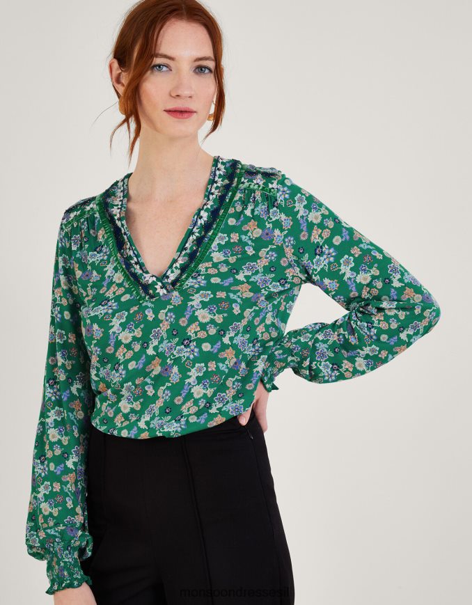 הַלבָּשָׁה Monsoon עליונית ג'רסי מעוטרת זורמת ירוק נשים HTJ0TZ569