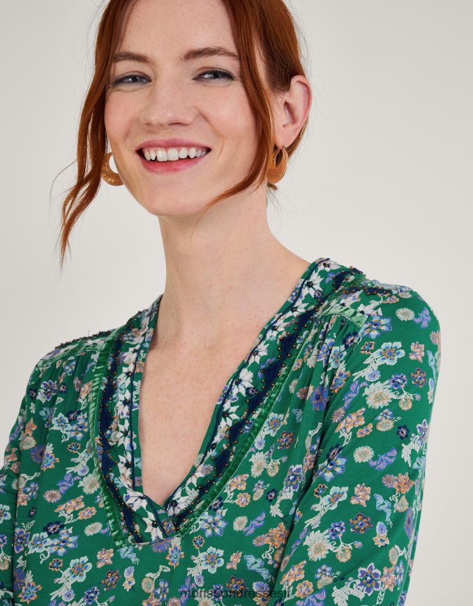 הַלבָּשָׁה Monsoon עליונית ג'רסי מעוטרת זורמת ירוק נשים HTJ0TZ569