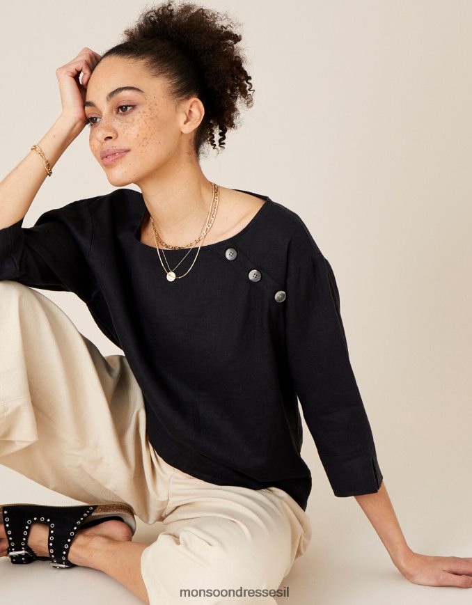 הַלבָּשָׁה Monsoon חולצת טריקו ארוכת רוזווד בפשתן טהור שָׁחוֹר נשים HTJ0TZ575