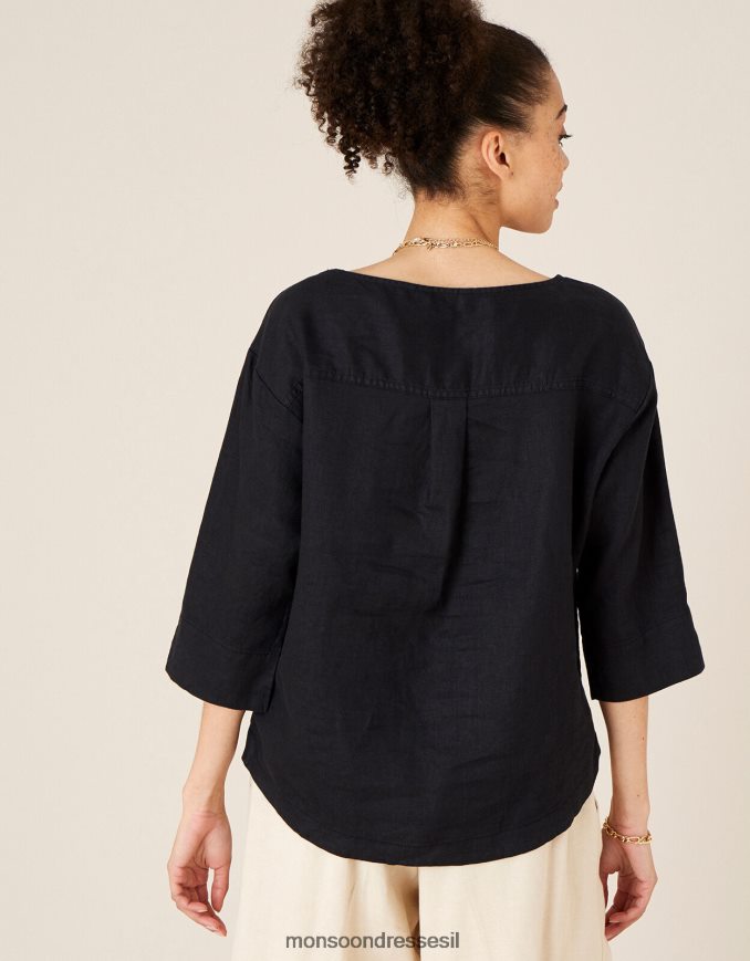 הַלבָּשָׁה Monsoon חולצת טריקו ארוכת רוזווד בפשתן טהור שָׁחוֹר נשים HTJ0TZ575