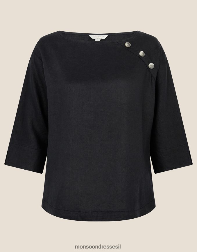 הַלבָּשָׁה Monsoon חולצת טריקו ארוכת רוזווד בפשתן טהור שָׁחוֹר נשים HTJ0TZ575