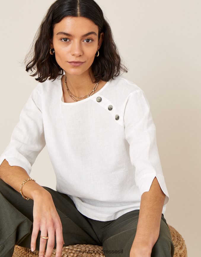 הַלבָּשָׁה Monsoon חולצת טריקו ארוכת רוזווד בפשתן טהור לבן נשים HTJ0TZ588