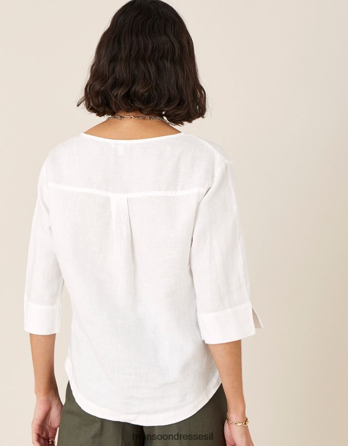 הַלבָּשָׁה Monsoon חולצת טריקו ארוכת רוזווד בפשתן טהור לבן נשים HTJ0TZ588