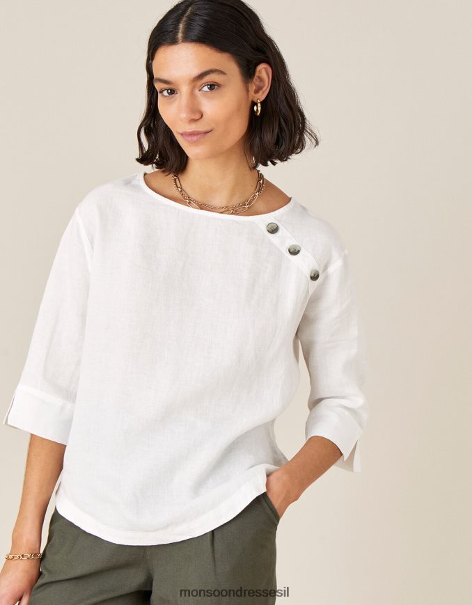 הַלבָּשָׁה Monsoon חולצת טריקו ארוכת רוזווד בפשתן טהור לבן נשים HTJ0TZ588