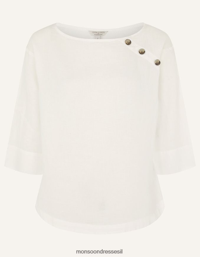 הַלבָּשָׁה Monsoon חולצת טריקו ארוכת רוזווד בפשתן טהור לבן נשים HTJ0TZ588