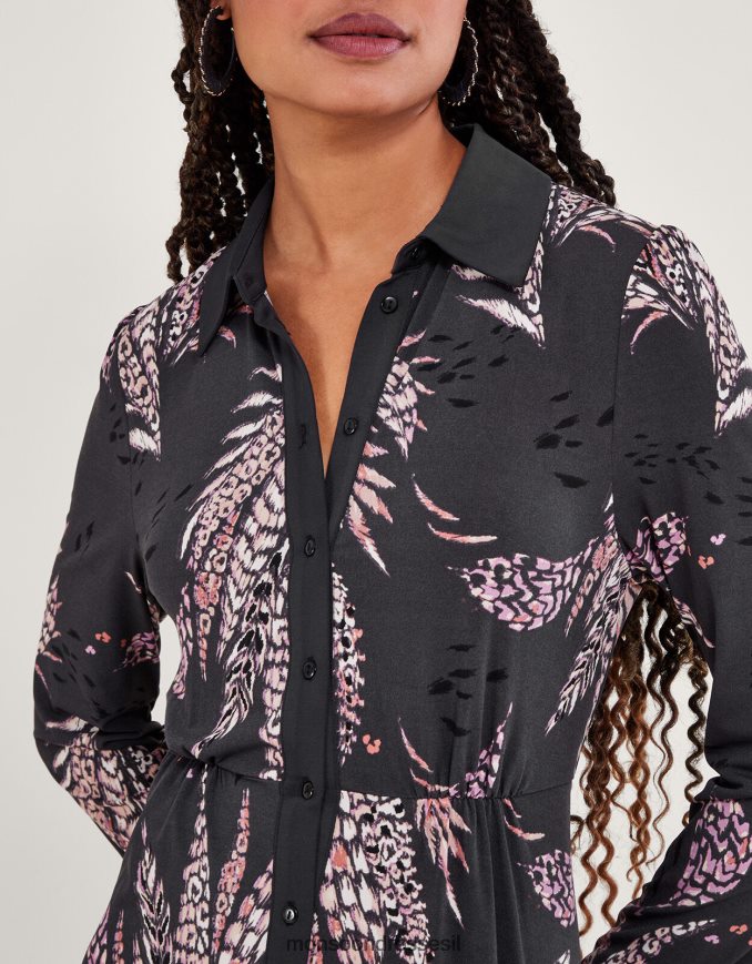 הַלבָּשָׁה Monsoon שמלת חולצה בהדפס נוצות שָׁחוֹר נשים HTJ0TZ58