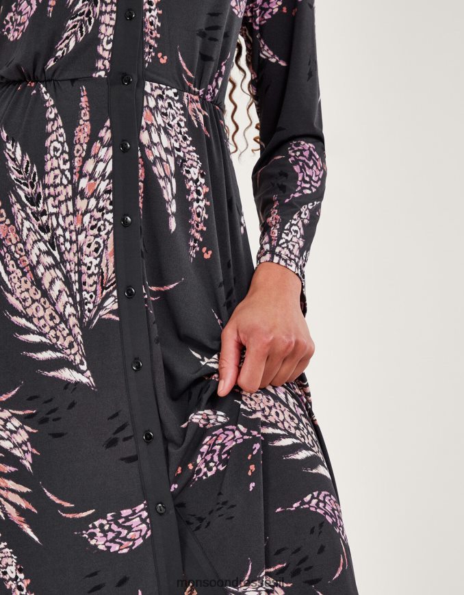 הַלבָּשָׁה Monsoon שמלת חולצה בהדפס נוצות שָׁחוֹר נשים HTJ0TZ58