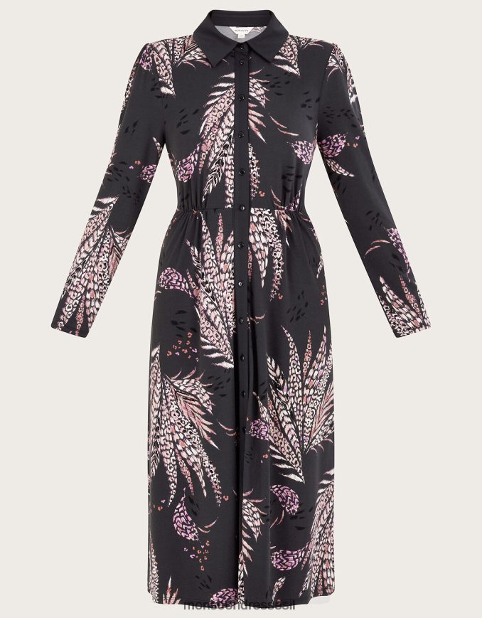 הַלבָּשָׁה Monsoon שמלת חולצה בהדפס נוצות שָׁחוֹר נשים HTJ0TZ58