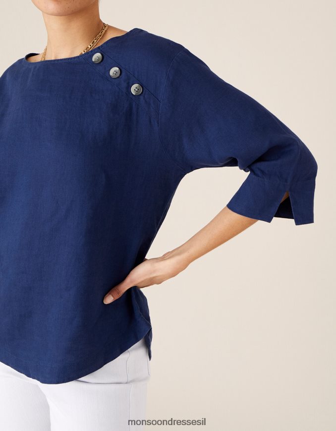 הַלבָּשָׁה Monsoon חולצת טריקו ארוכת רוזווד בפשתן טהור כחול (צי) נשים HTJ0TZ592