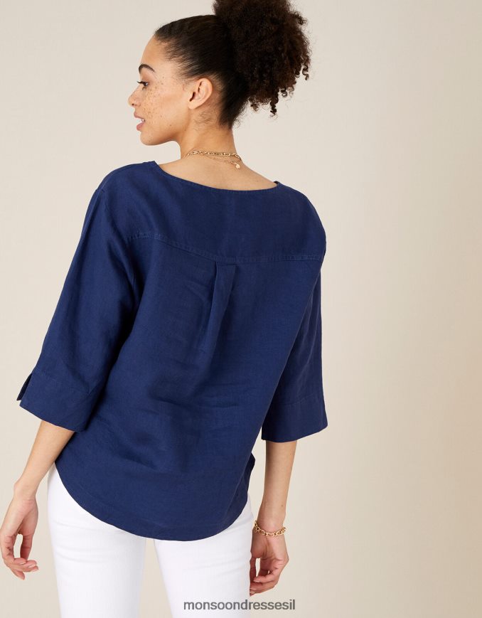 הַלבָּשָׁה Monsoon חולצת טריקו ארוכת רוזווד בפשתן טהור כחול (צי) נשים HTJ0TZ592