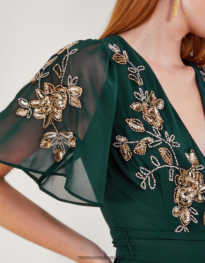 הַלבָּשָׁה Monsoon שמלת מעטפת מקושטת של שרה בפוליאסטר ממוחזר ירוק נשים HTJ0TZ5