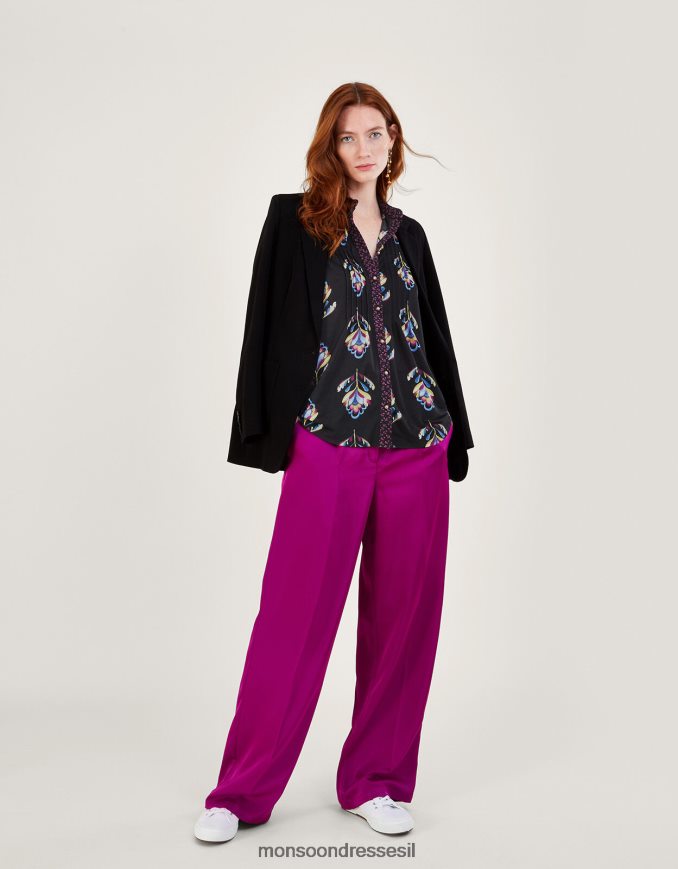 הַלבָּשָׁה Monsoon חולצת ג'רסי בהדפס פרחים ניגודיות עם פוליאסטר ממוחזר שָׁחוֹר נשים HTJ0TZ605