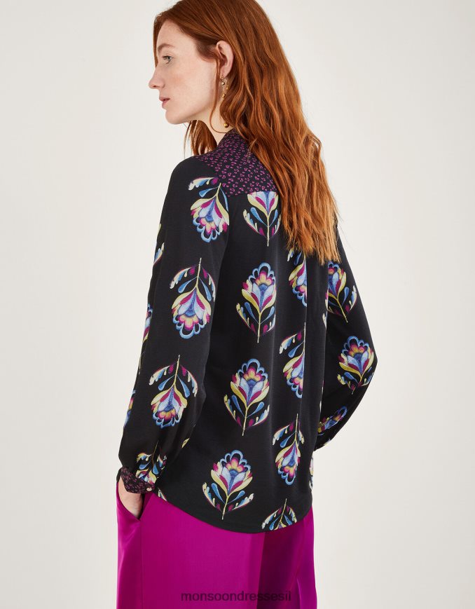 הַלבָּשָׁה Monsoon חולצת ג'רסי בהדפס פרחים ניגודיות עם פוליאסטר ממוחזר שָׁחוֹר נשים HTJ0TZ605