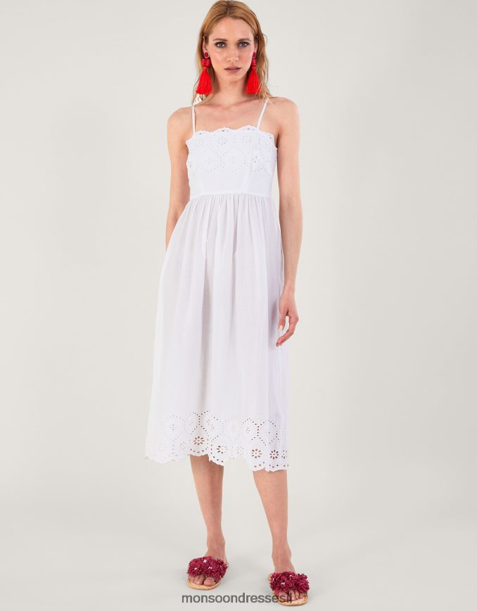 הַלבָּשָׁה Monsoon שמלת קאמי עם צווארון ומכפלת ברודרי לבן נשים HTJ0TZ62