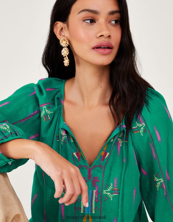 הַלבָּשָׁה Monsoon חלק עליון רקום עם צווארון ירוק נשים HTJ0TZ624